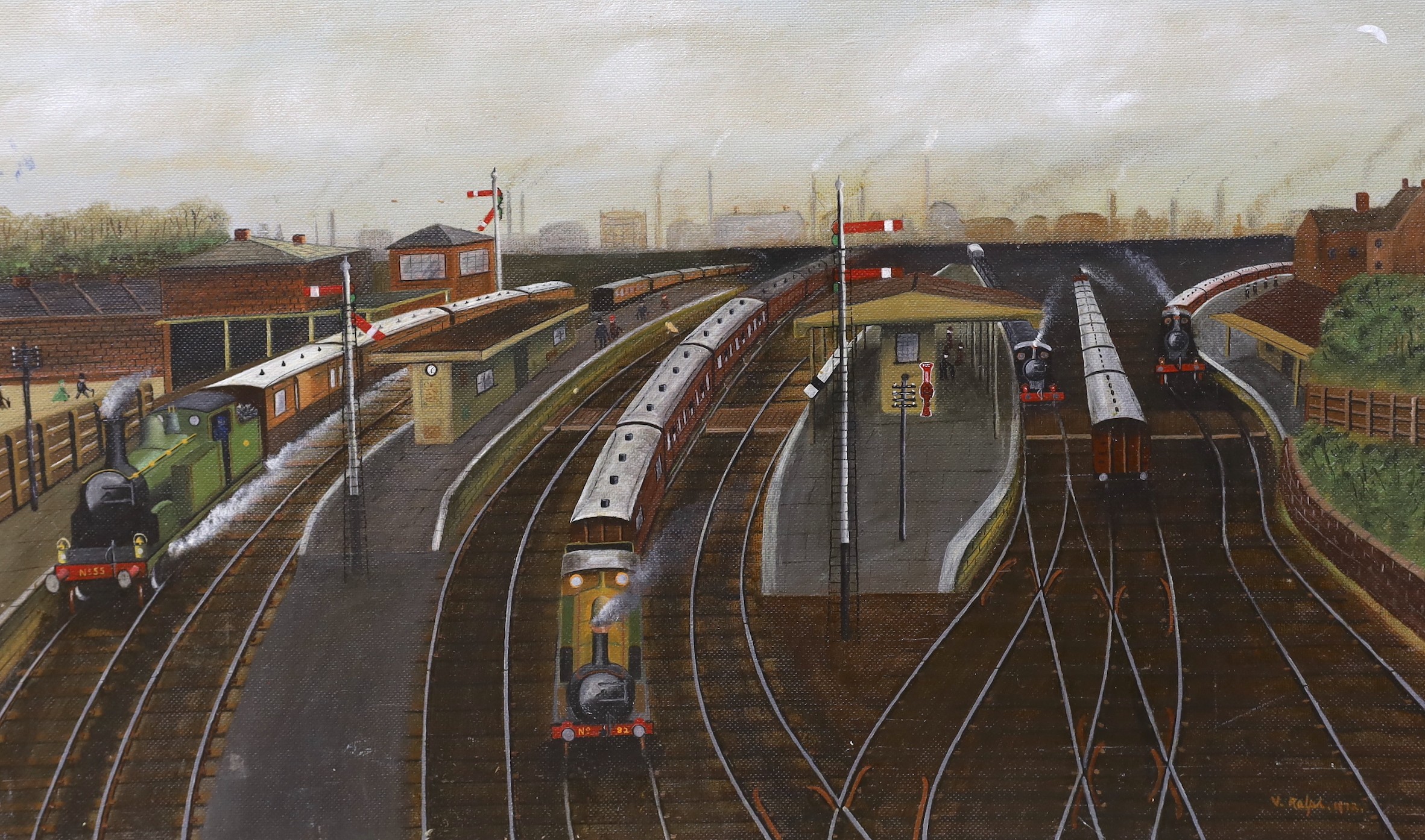 V. Ralph, oil on board, Clapham Junction c.1880, signed and dated 1972 and inscribed verso, 46 x 76cm, unframed